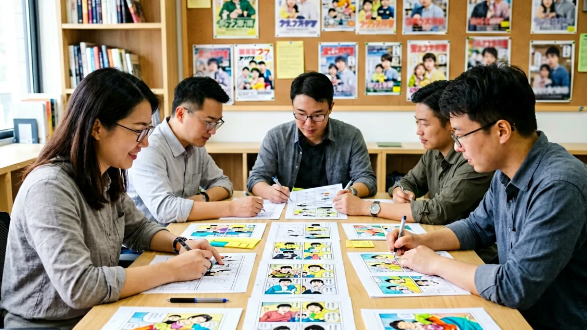 编辑团队围坐在长桌前审核漫画稿件，桌面上铺满分镜原稿与彩色笔记，背景是整墙的书架与挂满推荐海报的软木板