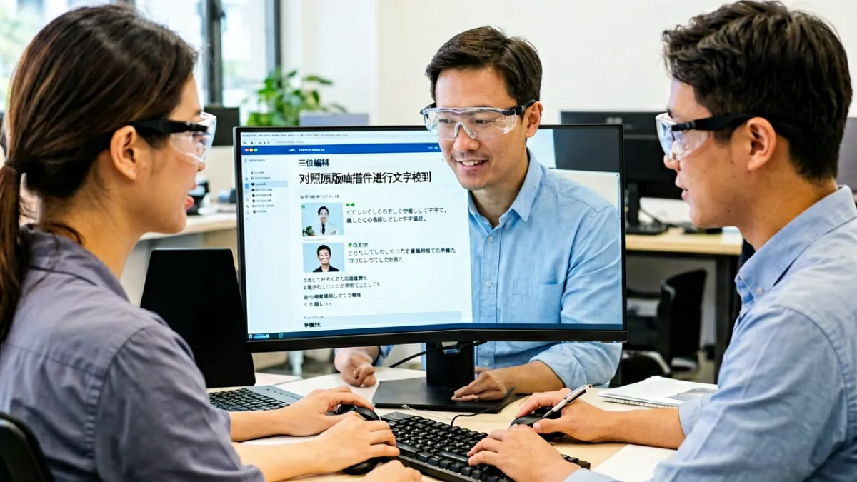 三位编辑戴着护目镜在电脑前对照原版扫描件进行文字校对，屏幕显示日文对话框与中文字幕的对照表