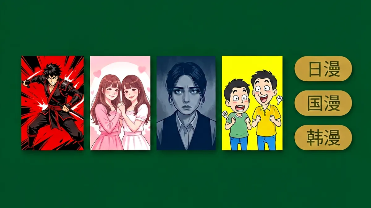 漫天堂漫画分类页首屏主图：墨绿色背景上展示着多本风格各异的漫画封面，从左到右依次呈现热血战斗、少女恋爱、悬疑推理和搞笑日常四种类型，右侧配有金色标签标注分类维度