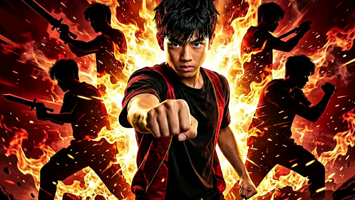 热血少年漫画专题配图：多名角色摆出战斗姿态，画面以红黑色调为主，背景有火焰与能量特效，中央一名短发少年握拳向前，周围环绕同伴剪影
