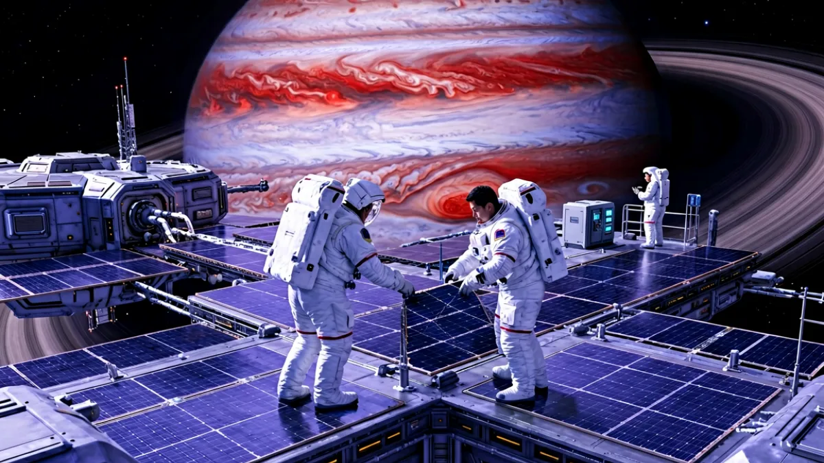 星轨边缘场景图:空间站与木星同框 木星轨道空间站科幻场景,金属平台延伸至虚空,远处红色木星占据半边天空,站台上几名穿舱外服的人物正在检修设备